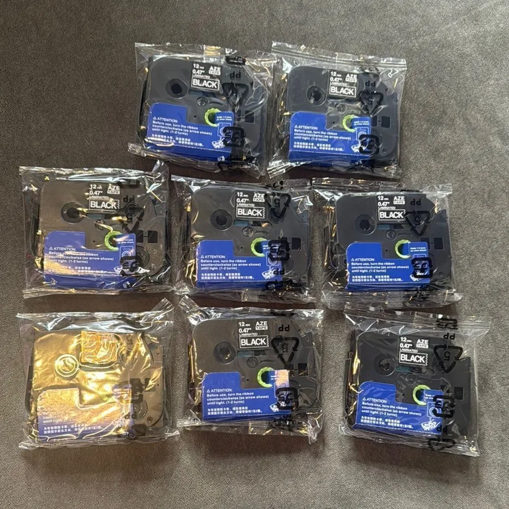 Label Maker Tape Black 12mm .47” Set of 8 Compatible with Brother P-Touch